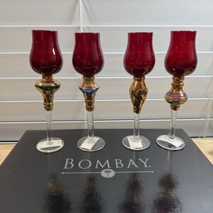 4 Vtg Bombay Company Romanov Ruby Gold Long Stem Cordial Glasses New  7" Red